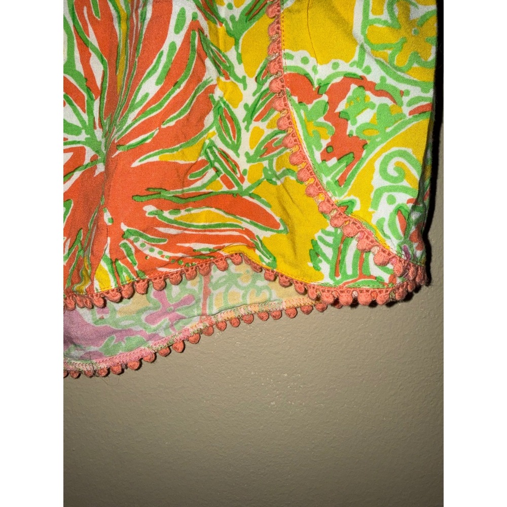 Lilly Pulitzer Women Large Tropical Floral Pom Pom Trim Beach Shorts Yellow Pink - Picture 2 of 6